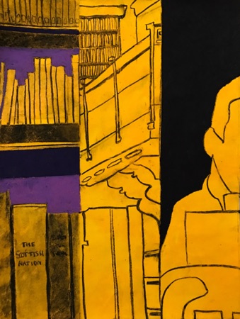 NYPL Main Reading Room Yellow; 
2018; watercolor charcoal oil pastel on paper, 24 x 18"